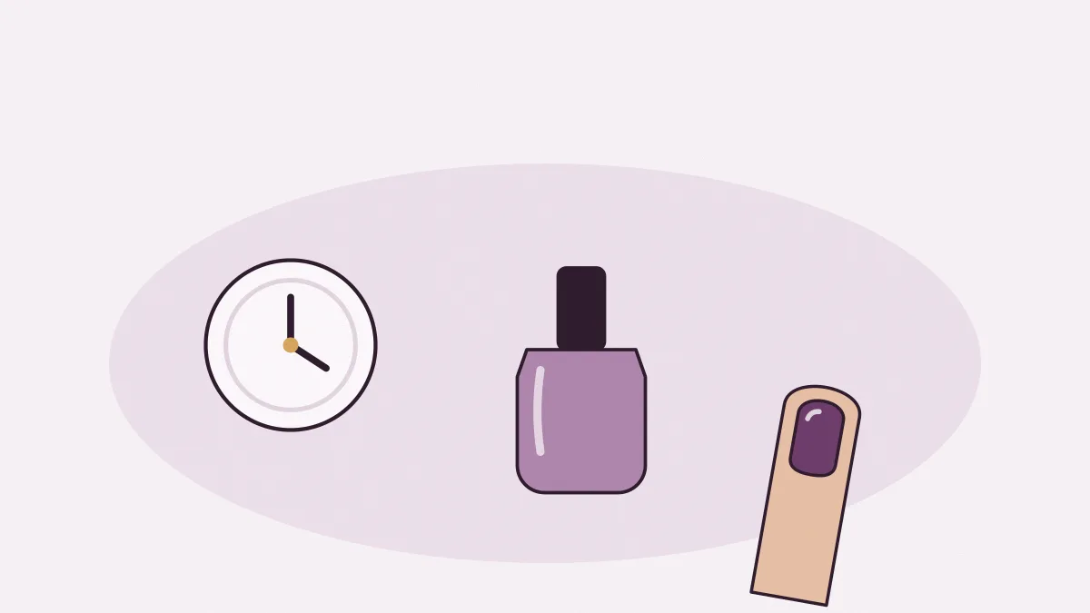 Un flacon de vernis, une horloge et des doigts aux ongles peints