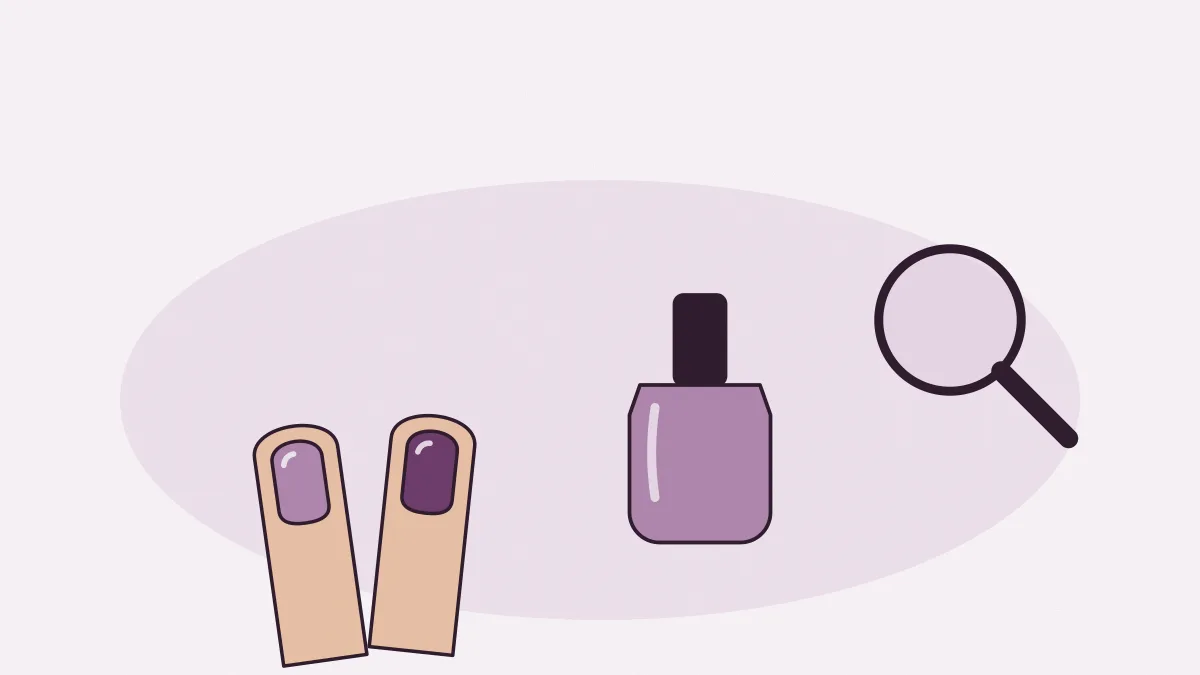 Un flacon de vernis, trois doigts aux ongles peints et une loupe