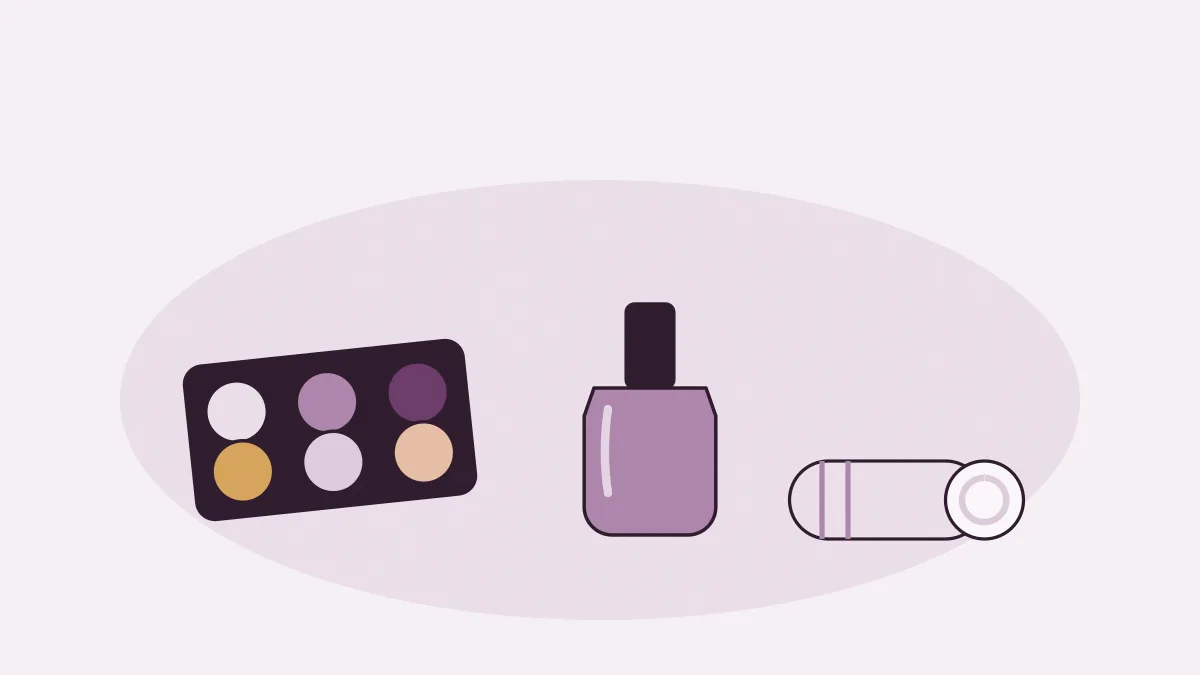 Une palette de fards, un flacon de vernis et une serviette roulée