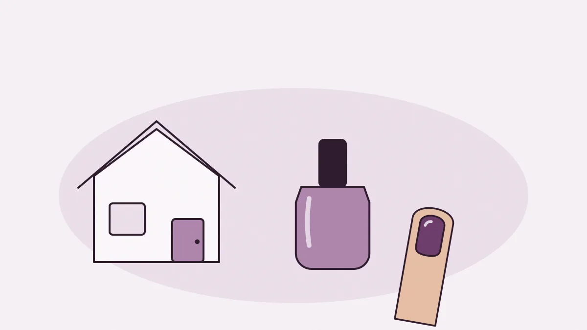 Une maison, un flacon de vernis et un doigt à l'ongle peint